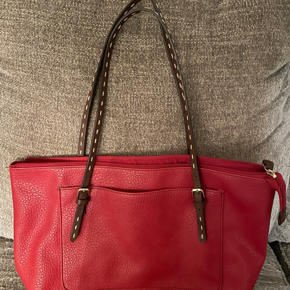 Liz Claiborne Red Tote with Brown Straps